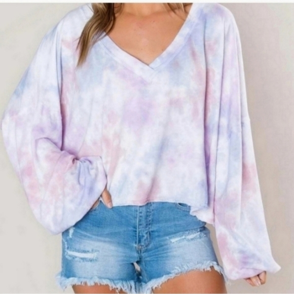 Peach Love California Sweaters - 💖Peach Love CA pastel tie dye slightly cropped balloon sleeve v neck sweater